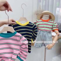  Baby Korean childrens clothing childrens color strip color short-sleeved mens and womens round neck elastic T-shirt 2020 summer new