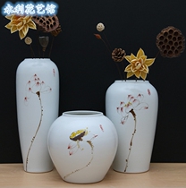 Pure hand-painted lotus ceramic vase three-piece set of model porcelain vase ornaments