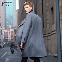 Double-sided cashmere coat mens woolen coat medium long winter thickened wool niece trench coat over the knee British style