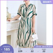 MSShe big code womens dress 2022 new summer dress micro-fat sister Farage strap V collar striped snow spinning dress