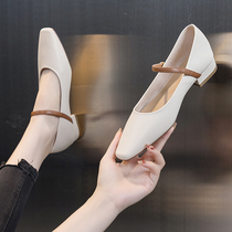 Single shoe female summer style low heel square head shallow word with fashion flat bottom shoes 2022 new summer leather shoes fairy wind