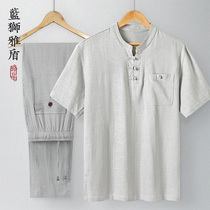 Summer middle-aged linen short-sleeved mens summer suit middle-aged mens T-shirt Chinese style cotton hemp plus size dad dress