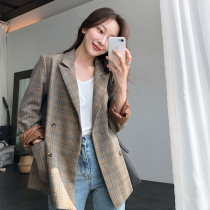 Plaid blazer womens 2021 Spring and Autumn New thousand bird grid Korean version of retro long casual loose small suit