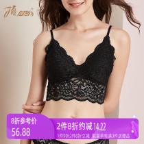 Top guagua underwear womens non-steel ring gathered lace v-neck thin double shoulder strap zero pressure sense one-piece removable bra