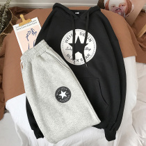 2021 spring sports set womens tide clothes wide leg pants casual two-piece Korean loose student Hong Kong style retro