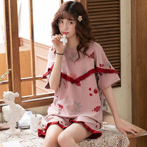 Pajamas female mother summer short-sleeved lace pure cotton womens large size loose summer home wear suit thin can be worn outside