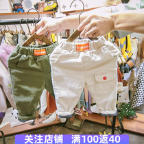 Boy pants autumn and winter 2019 new female baby solid color wild tie plus velvet trousers children Foreign style thick casual pants