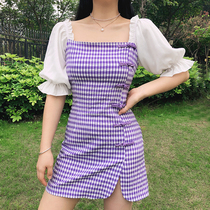 ROCKMORE niche modified purple plaid cheongsam retro bubble sleeve dress women's sexy split skirt