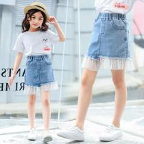 Girls denim skirt Skirt Lower body popular summer white yarn skirt Skirt bag skirt Pure cotton black dress Big child wild super short