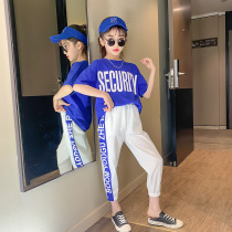 Girls T-shirt Short sleeve suit Summer childrens sports pants Childrens clothing Korean version of the girl T-shirt top two-piece set personality