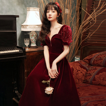 Bridal toast dress 2021 new wedding wine red small evening dress skirt banquet temperament can usually be worn by engaged women