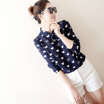 Japanese bow collar shirt women long sleeve cat print top 100% silkworm silk Womens sweet blouse