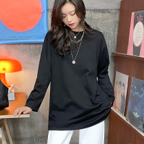 Pure cotton autumn and winter black thickened loose long style t-shirt female grinding wool garnter 100 hitch a lift in the undershirt for a long ride