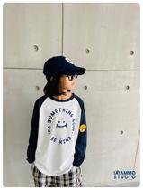 iaiammo original design spring and autumn new foreign style smiley face stitching raglan shoulder round leader loose cotton long-sleeved childrens T-shirt