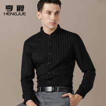 Wool Tencel shirt Mens long-sleeved vertical stripe slim-fit stand-up collar shirt Middle-aged mens casual mens shirt spring