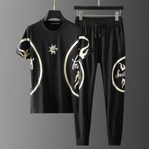 High-end leisure sports suit mens summer Thin Ice Silk breathable hot Diamond luxury brand short sleeve t-shirt two-piece set