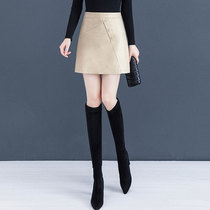 Leather Short Skirt Women Autumn and Winter 2021 New Hundred Small Dress Anti-Light A- line dress Skinny Casual Skirt