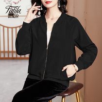 Black mother silk jacket womens short autumn clothes new long-sleeved mulberry silk tops plus size jacket jacket baseball uniform