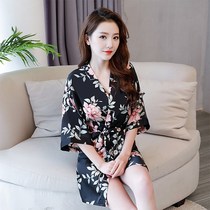 2020 new pajamas womens summer loose Japanese style home wear womens nightgown ice simulation silk printing three-point sleeve