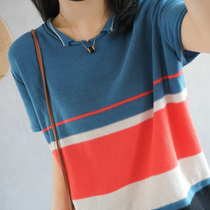 Linen half sleeve and tops 21 summer new cotton coloured short shirt women thin cotton knitted short sleeves