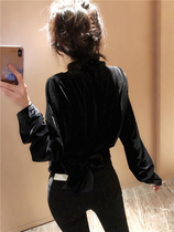 Black waist bow velvet top for BORAKOO Korea