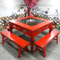 Solid wood hot pot table and chair combination Malatang table and chair kit long table and chair induction cooker coal-fired gas