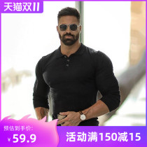 2019 Muscle polo shirt mens new sports long sleeve lapel quick-drying Mens Fitness tights running training suit