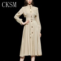 CKSM2021 autumn new fashion stand-up collar apricot single-breasted long-sleeved large pendulum bright silk medium-long windbreaker jacket