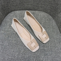 Hong Kong summer single shoes women 2021 new versatile low heel soft leather square head shallow mouth gentle temperament ladyshoe Lady tide