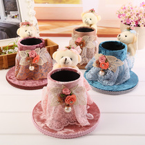 Korean fabric lace bear pen holder storage tube creative gift fashion student pen holder makeup pen box pen barrel