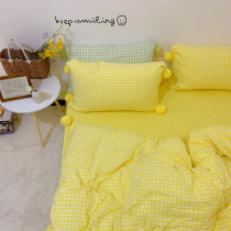Fresh lemon yellow ins full cotton washed cotton plaid bed with four pieces of cover mesh red loveball pure cotton quilt cover