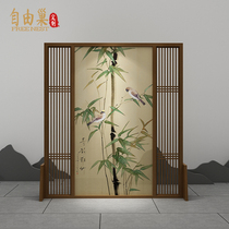 Chinese solid wood fence hollow screen partition decoration living room tea room creative space porch mobile bamboo seat screen