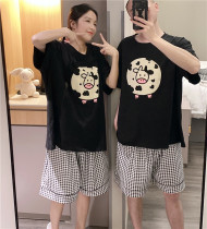 Net red ins short sleeve lovers pyjamas thin and pure cotton cartoon cows Home Suits Big Code 200 Catty Plaid Suit Summer