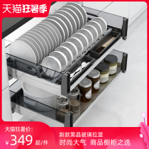 New glass stainless steel pull basket cabinet kitchen double seasoning blue bar Drawer type dish rack damping rail