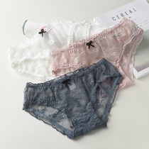 Lace panties womens mesh hollow flower ultra-thin transparent bow Japanese sweet girl cotton crotch breifs