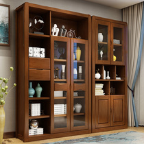 Solid wood floor-to-ceiling glass door bookcase bookcase bookshelf combination study storage locker locker display cabinet Chinese style