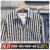 LUUD autumn new pint men's striped tumbled shirt Han version of the casual wear shirt to repair the retro tide shirt