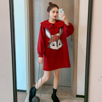 Pregnant woman autumn and winter sweatshirt with cotton thickened 2021 new big code womens clothing Rabbit Ear Stickon with sweet and beautiful doll collar dress