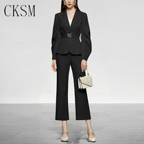 CKSM2021 autumn new fashion design sense lantern sleeve waist suit micro-lapped pants temperament commuter black suit