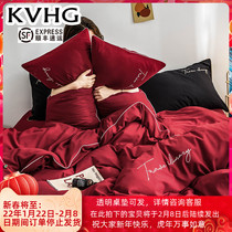 KVHG four-piece wedding bed sheet quilt cover bed hat three-piece sanding wash cotton wedding bedding big red