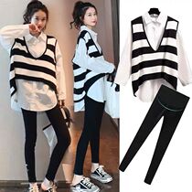 Pregnancy Woman Dress Early Autumn Suit Out of Damp Moms Small Child Gestation 150cm Explicit Black And White Striped Long Sleeve Shirt
