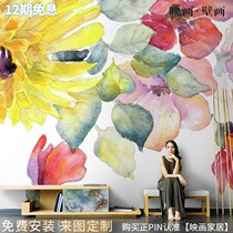American hand drawn abstract idyllic flower sunflower living room TV background wallpaper seamless sofa wallpaper mural cloth