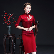 Short sleeve long wine red satin acetate satin vintage modified embroidery cheongsam wedding mother-in-law 2021 New