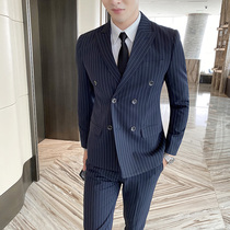 Suit suit mens fashion striped double-breasted suit jacket business casual wear slim three-piece set