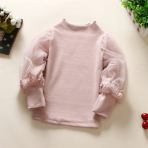 Korean version of childrens clothing autumn girls cotton high collar mesh foam sleeve long sleeve T-shirt childrens wild base shirt coat