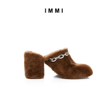 (Designer brand IMMI)Caramel color square head wool thick heel Muller slippers 192SH007L