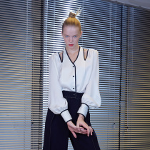 REINEREN Ren Qian black trim collarbone loose womens shirt top designer models