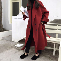 Red double-sided cashmere coat womens long 2020 autumn and winter New lace-up knee high-end wool woolen woolen coat