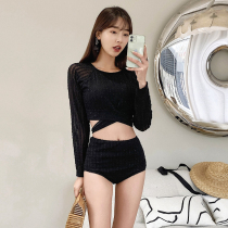 Split swimsuit female black sexy small breasts gather high waist conservative students long sleeve sunscreen fashion sports two-piece set