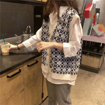 2021 new autumn winter lazy loose blue V-neck vest vest sweater women plus shirt suit